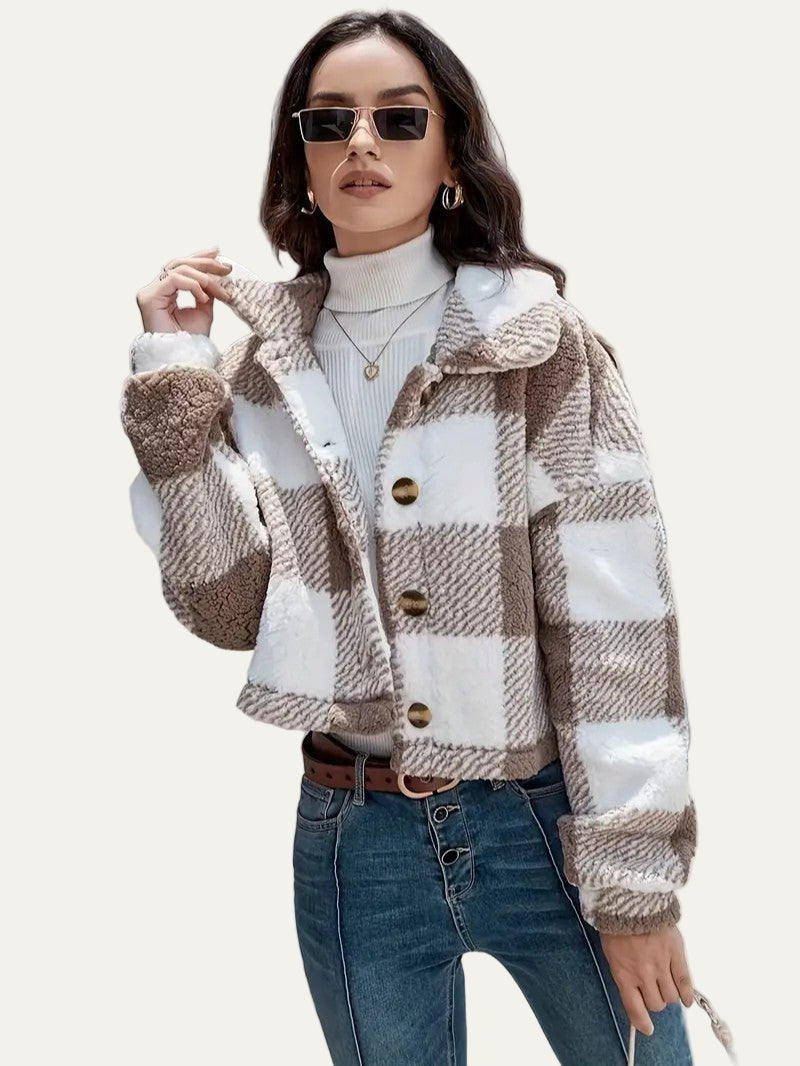 Womens Cropped Shacket Plush Button-Front