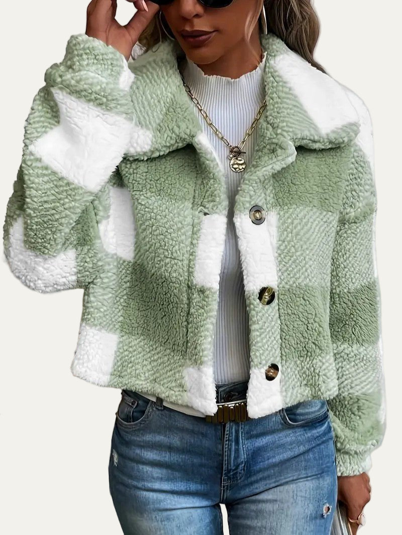 Womens Cropped Shacket Plush Button-Front