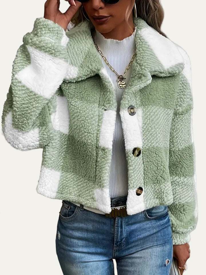 Womens Cropped Shacket Plush Button-Front