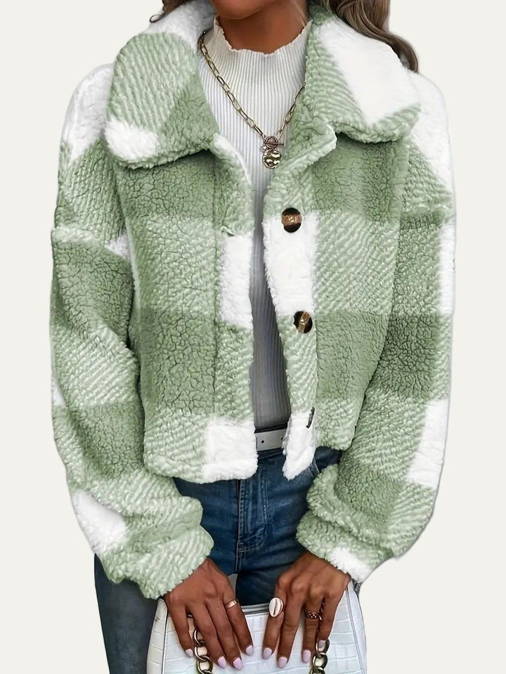Womens Cropped Shacket Plush Button-Front