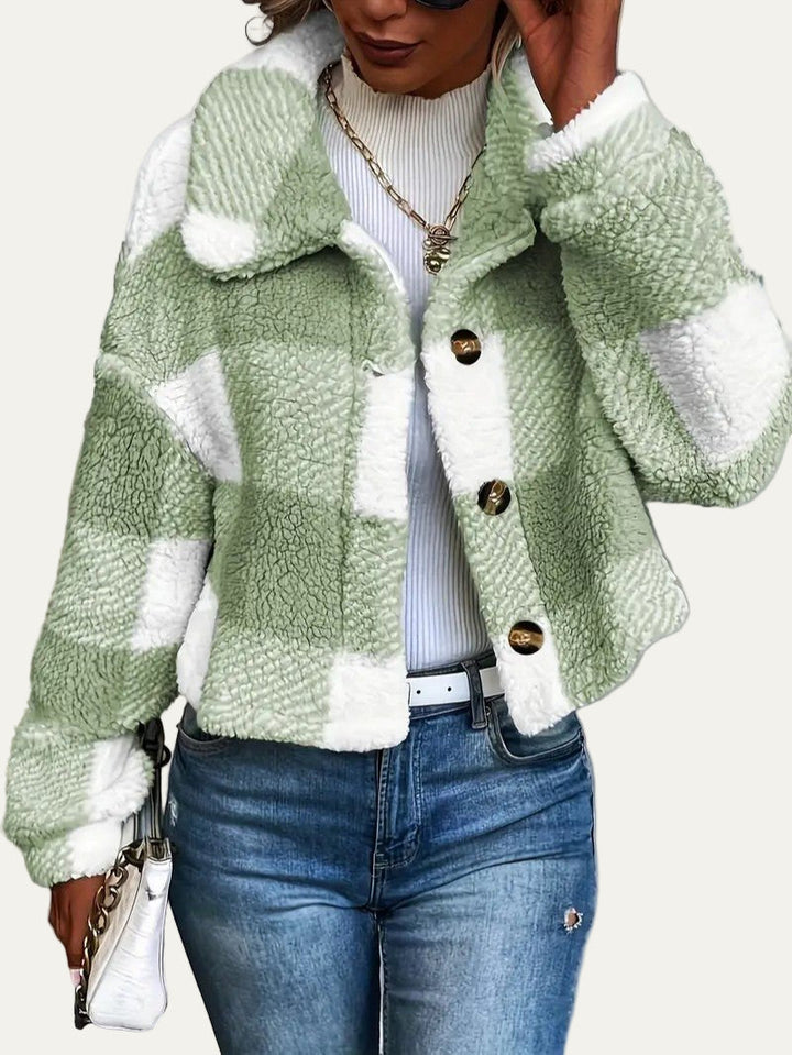 Womens Cropped Shacket Plush Button-Front