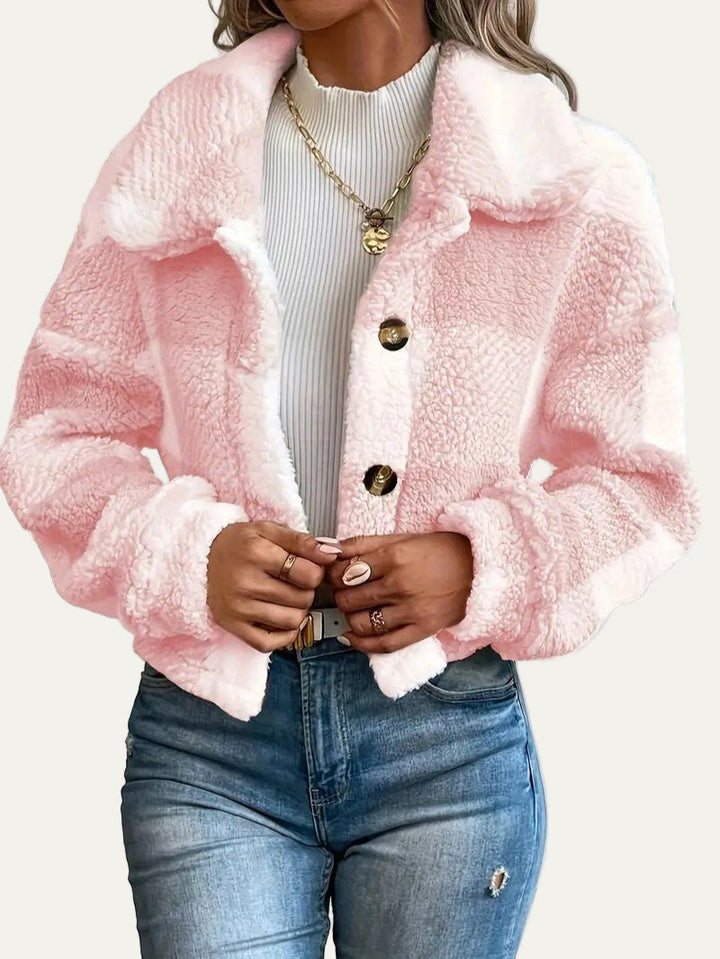 Womens Cropped Shacket Plush Button-Front