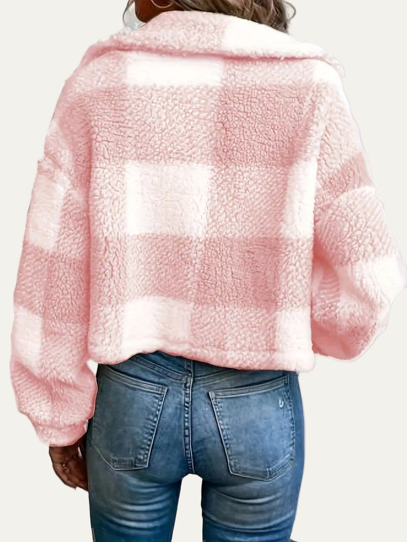 Womens Cropped Shacket Plush Button-Front