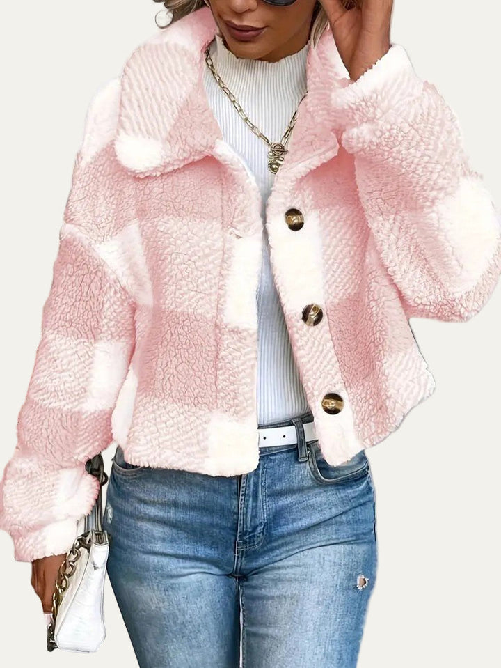 Womens Cropped Shacket Plush Button-Front