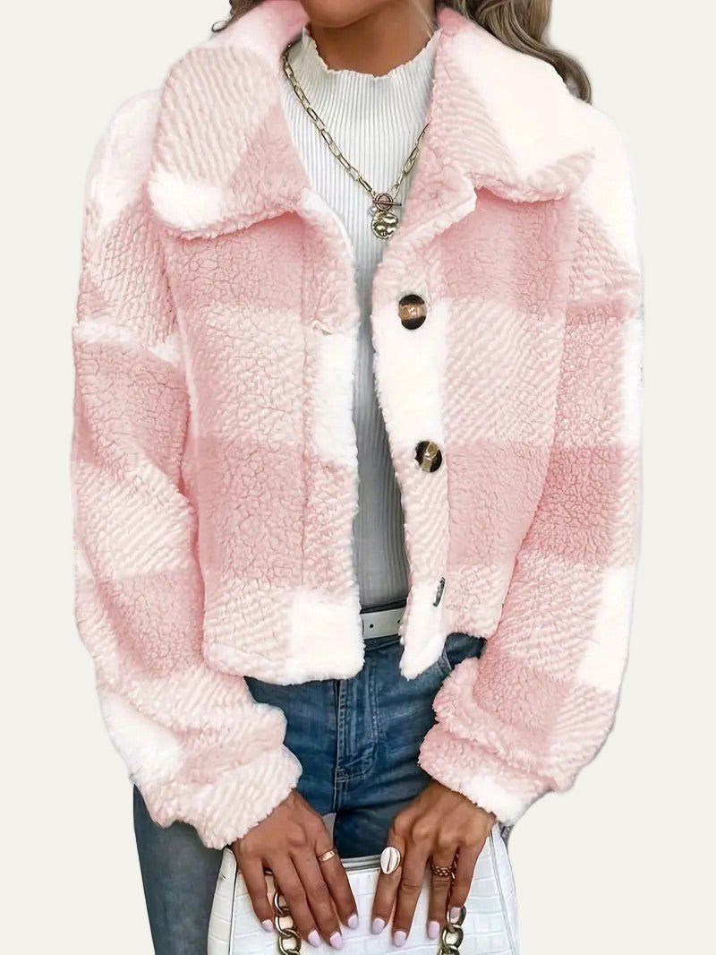 Womens Cropped Shacket Plush Button-Front