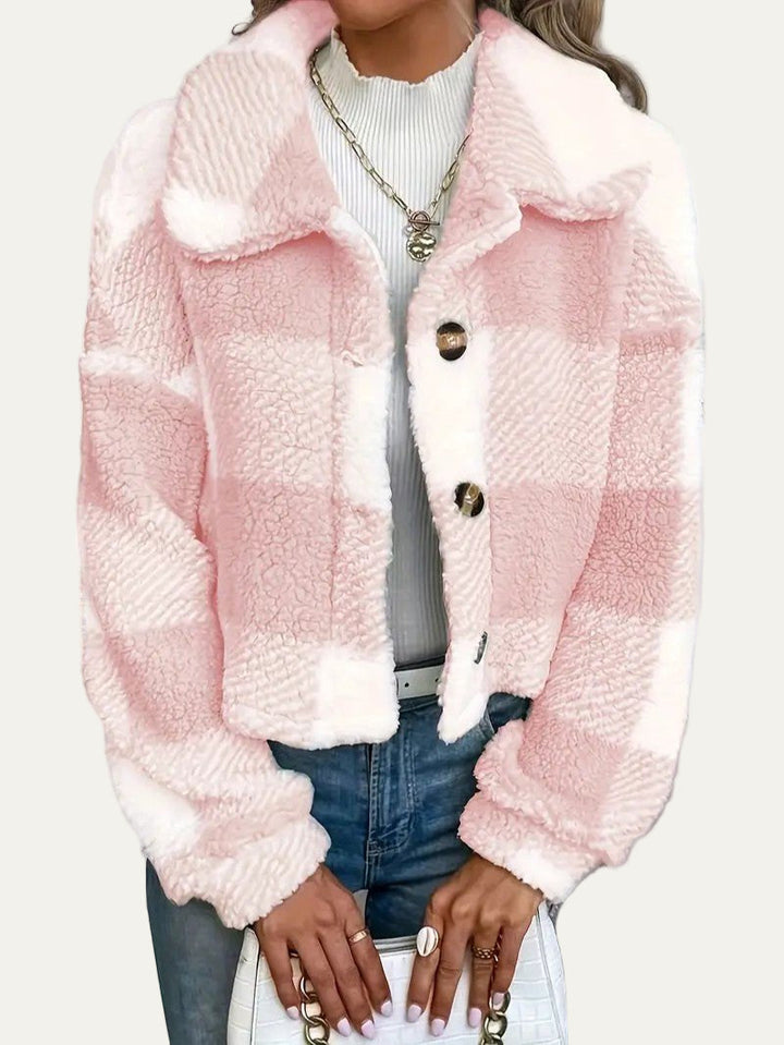 Womens Cropped Shacket Plush Button-Front