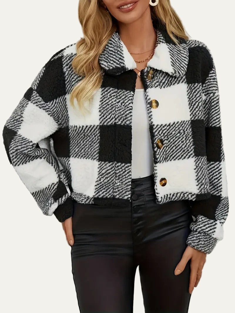 Womens Cropped Shacket Plush Button-Front