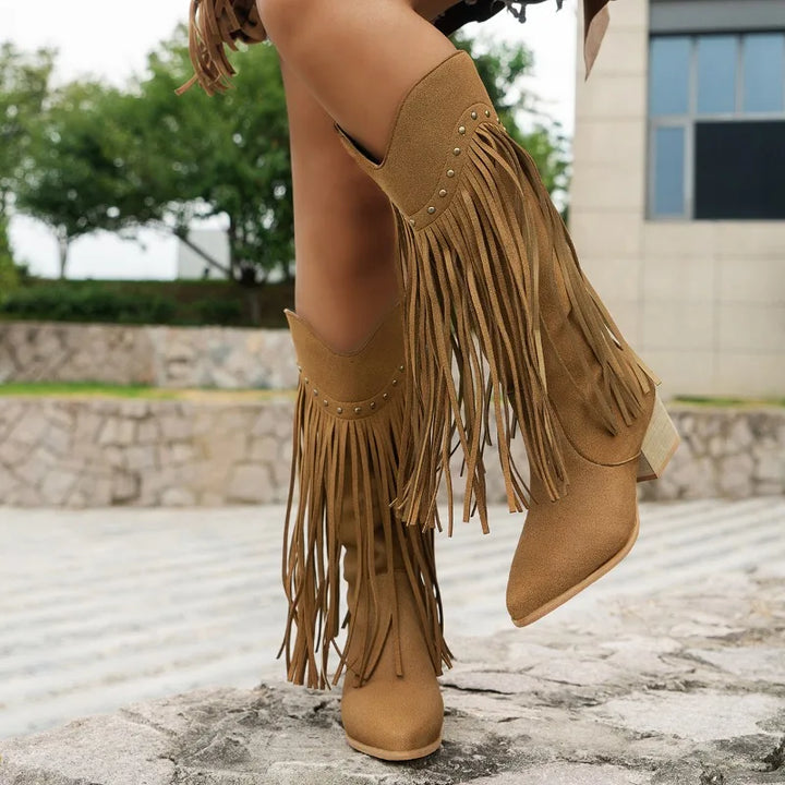 Womens Knee High Cowboy Boots with Fringe Detail - BritishMode