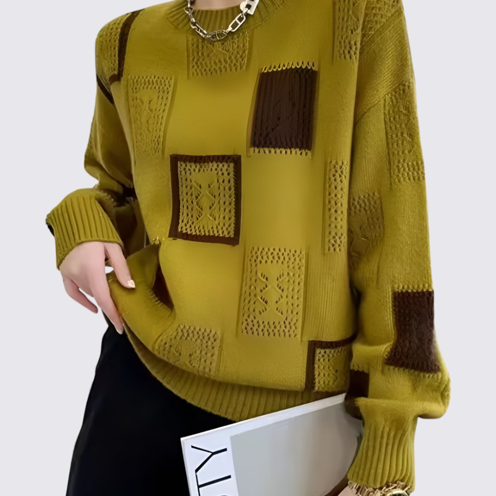 Womens Crewneck Sweater Patchwork Knit