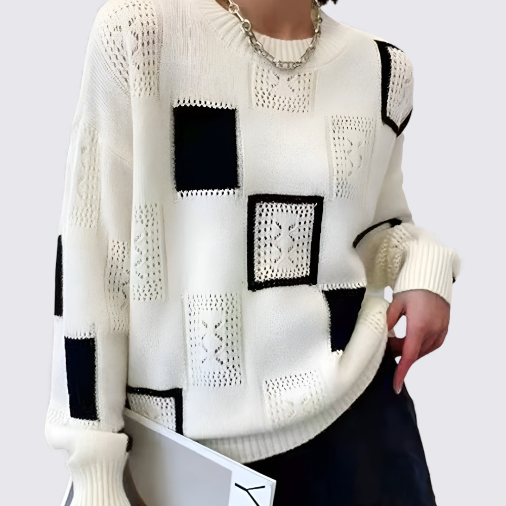 Womens Crewneck Sweater Patchwork Knit - BritishMode