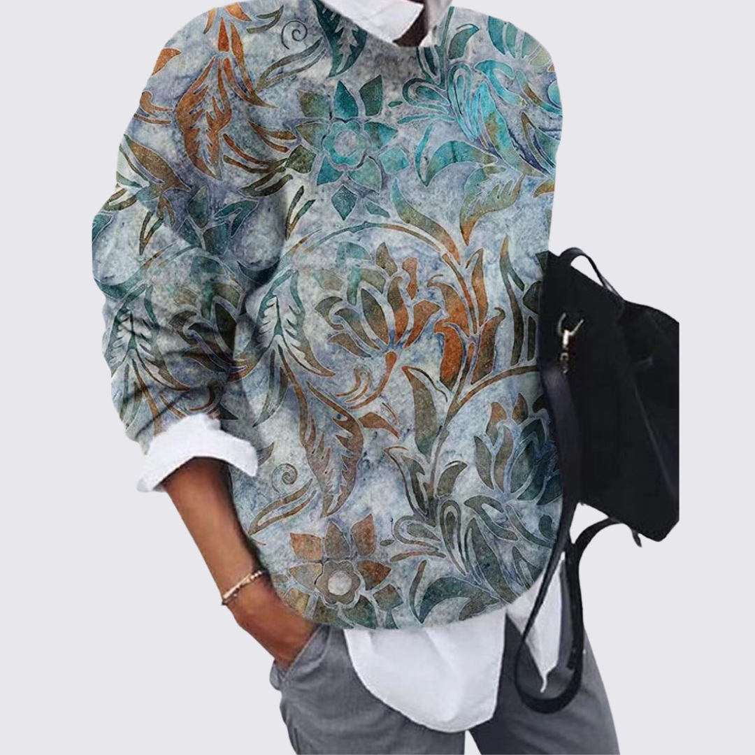 Womens Crew Neck Sweater Printed Cotton Relaxed Fit