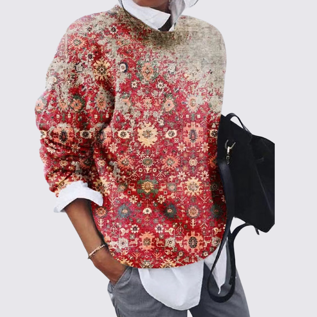 Womens Crew Neck Sweater Printed Cotton Relaxed Fit