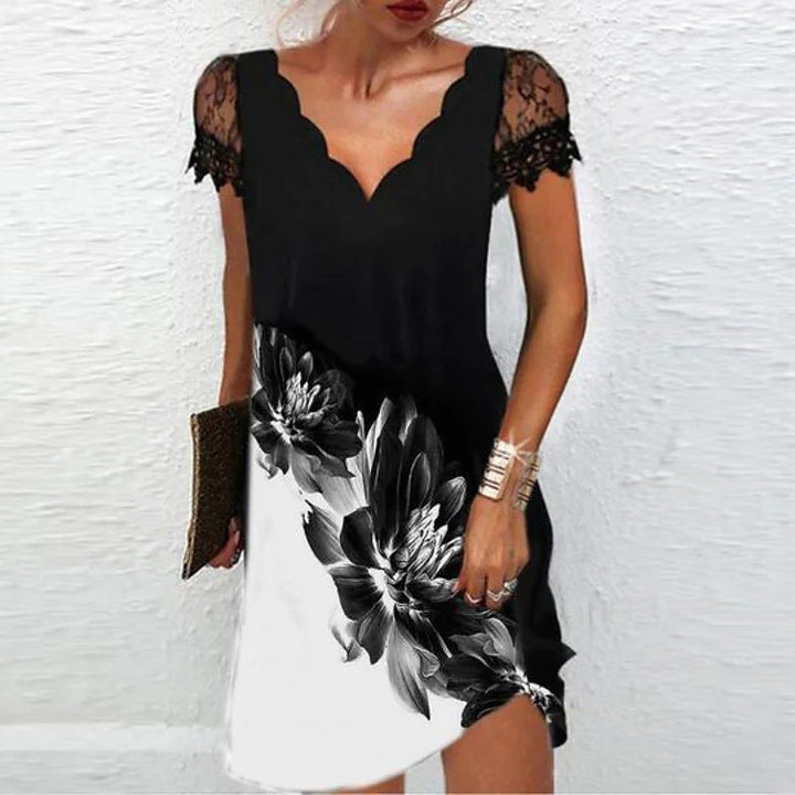 Womens Mini Dress Lace Scallop V-Neck Sleeve