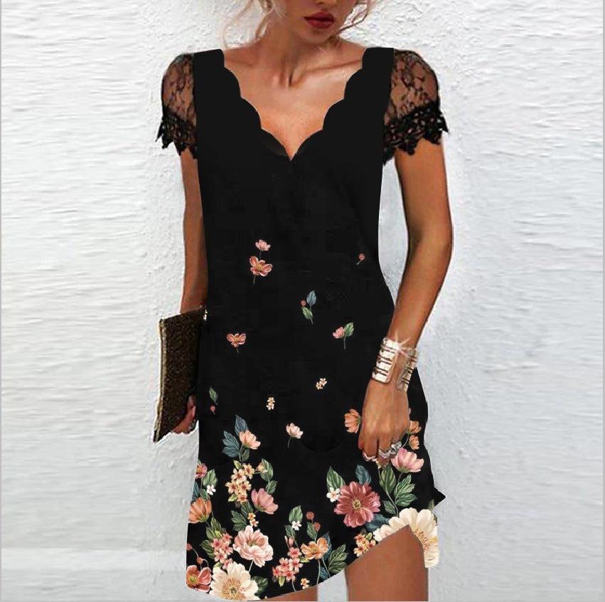 Womens Mini Dress Lace Scallop V-Neck Sleeve