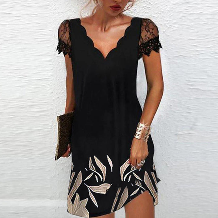 Womens Mini Dress Lace Scallop V-Neck Sleeve