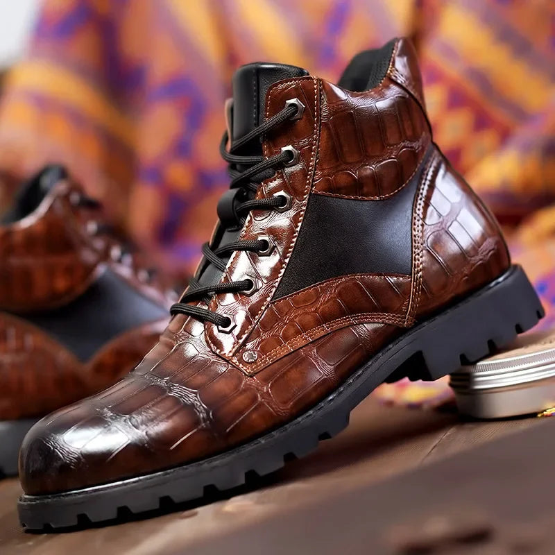 Mens Leather Boots Croc-Embossed Classic Fit