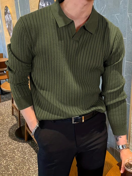 Mens Ribbed Polo Sweater V-Neck Long Sleeve