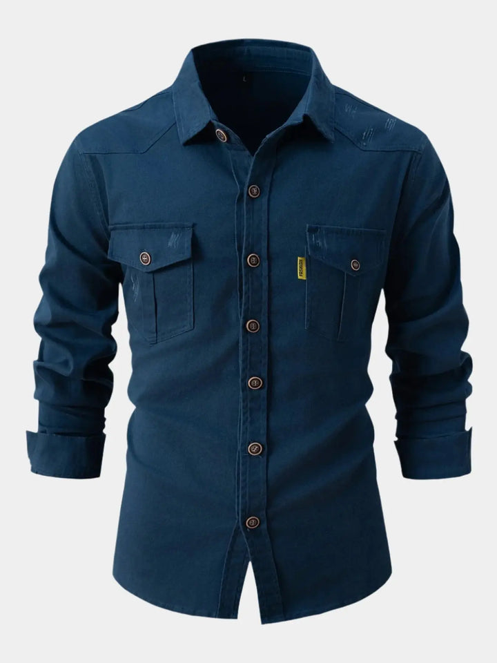Mens Denim Blend Shirt Full Button Front Roll Sleeve