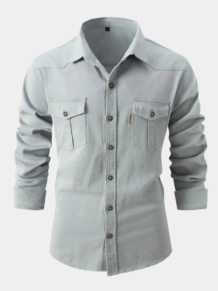 Mens Denim Blend Shirt Full Button Front Roll Sleeve