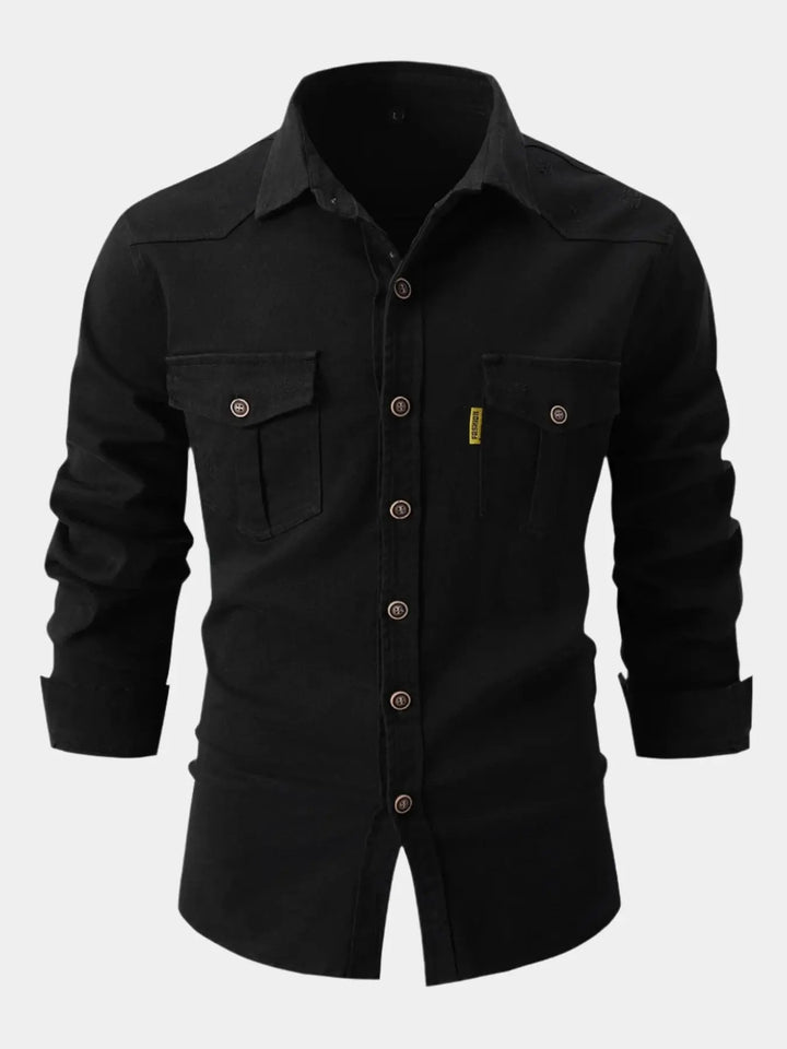Mens Denim Blend Shirt Full Button Front Roll Sleeve - BritishMode