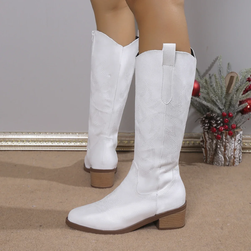 Womens Denim Cowboy Boots Western Embroidery Comfortable Block Heel