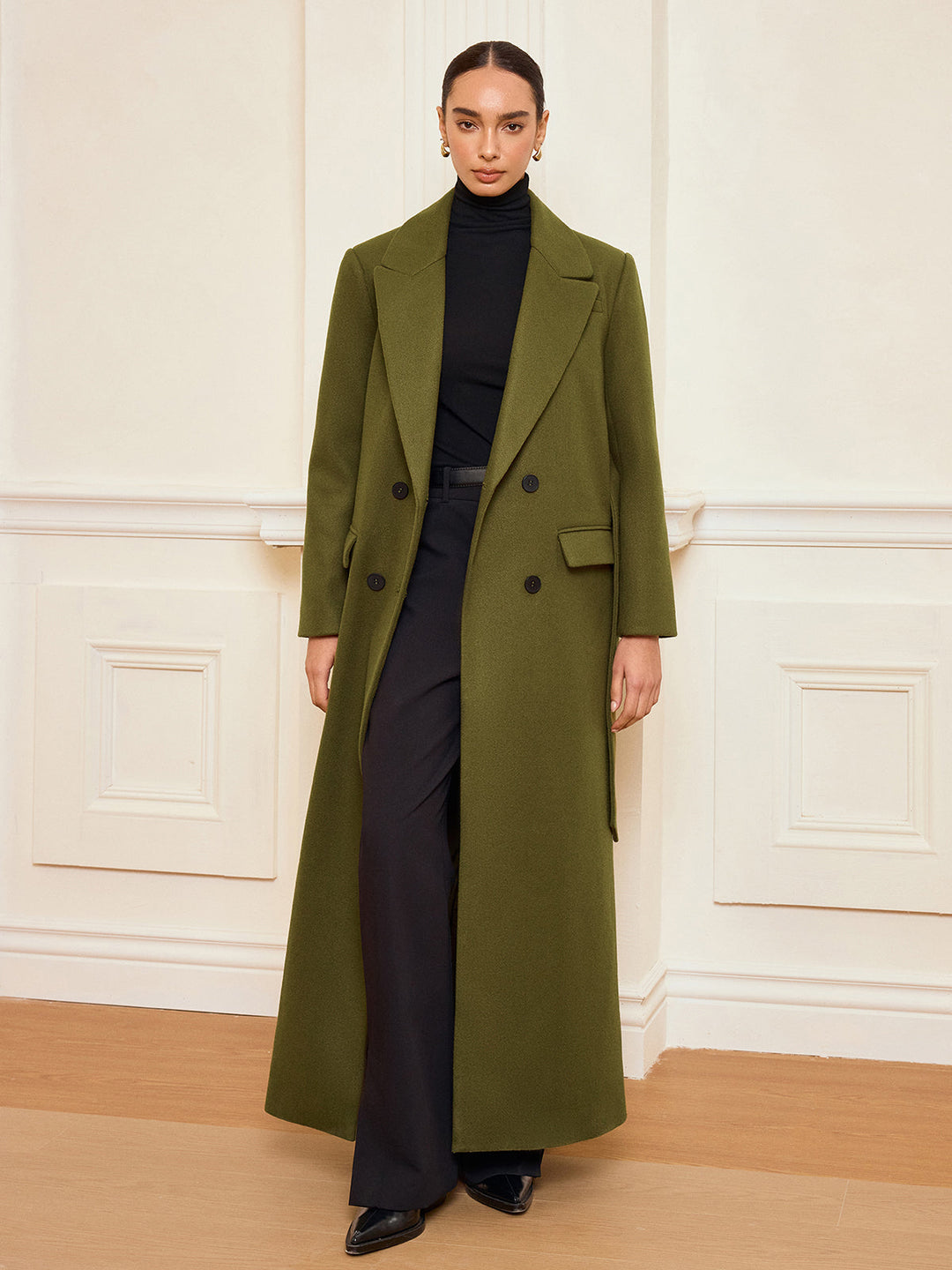 Womens Double-Breasted Long Coat with Belt Classic Fit - BritishMode