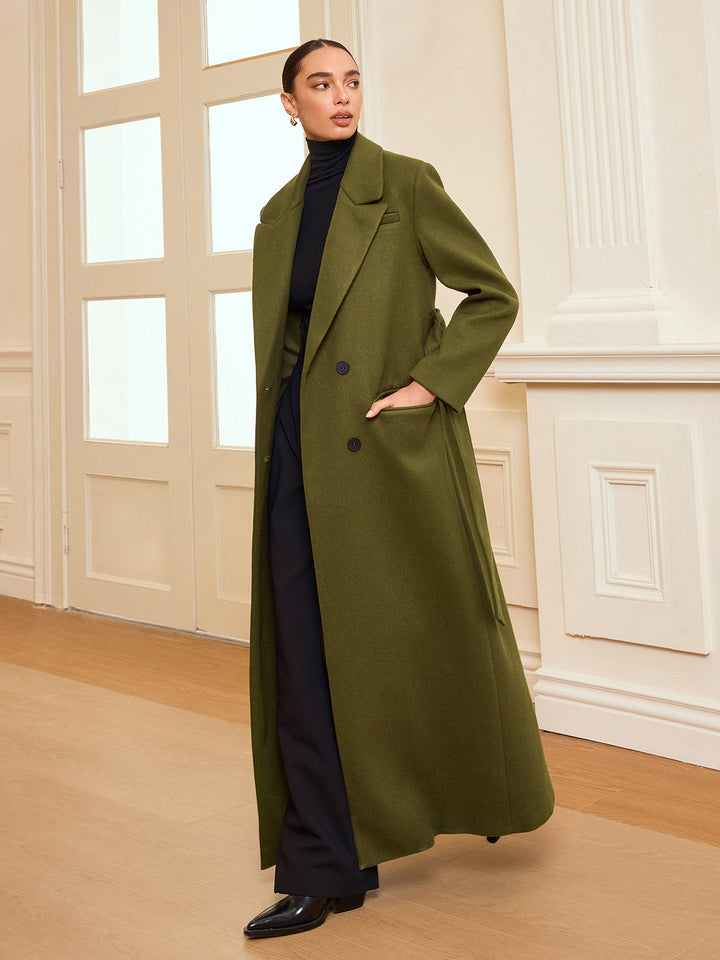 Womens Double-Breasted Long Coat with Belt Classic Fit