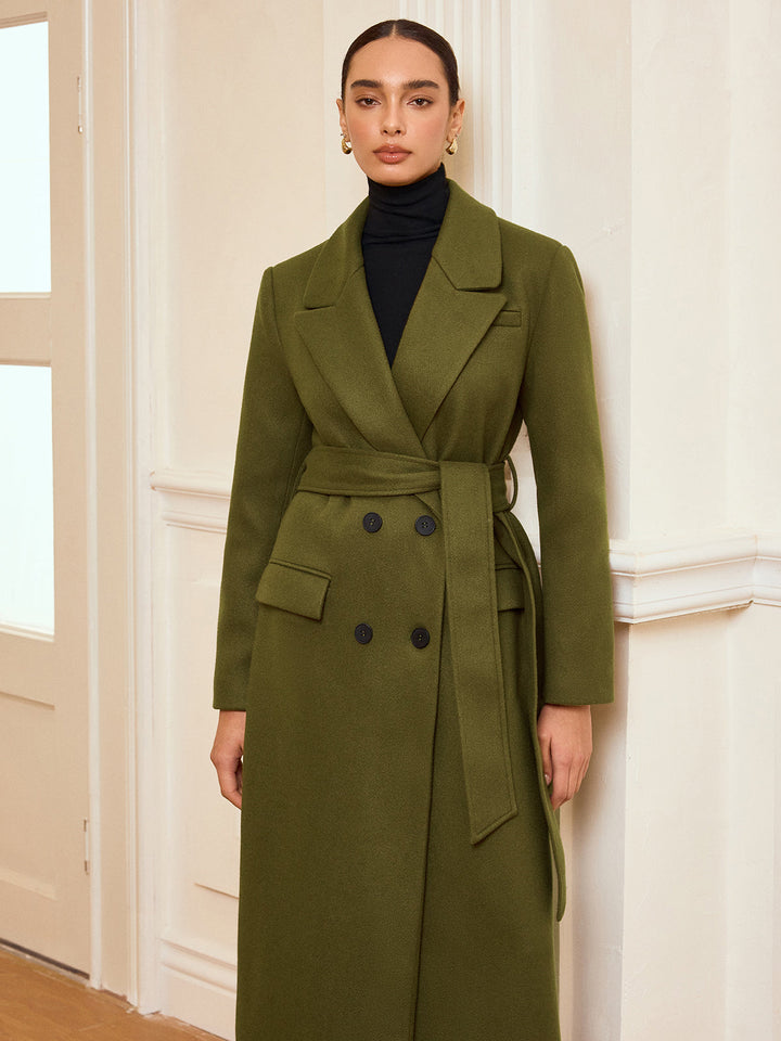 Womens Double-Breasted Long Coat with Belt Classic Fit