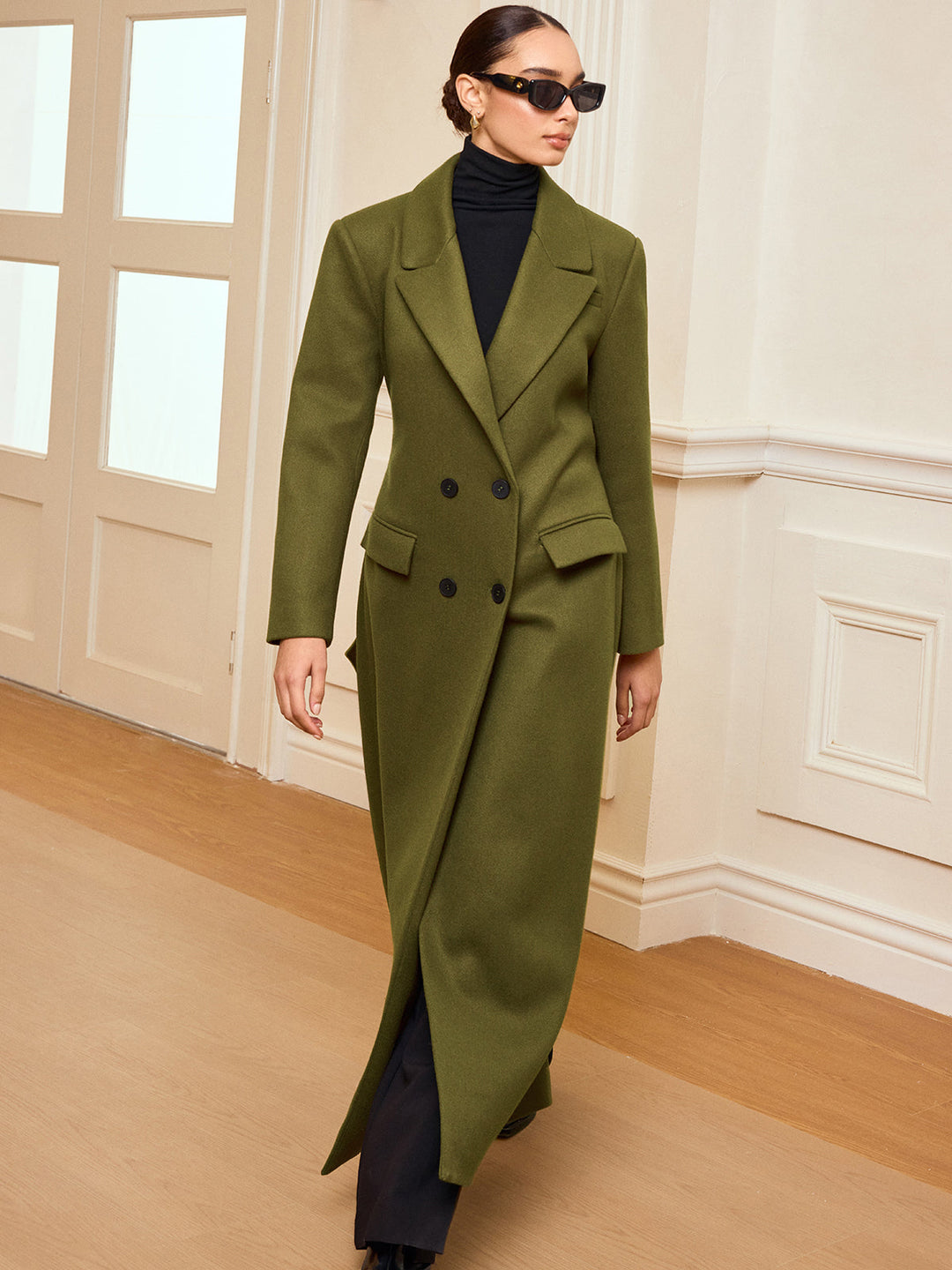 Womens Double-Breasted Long Coat with Belt Classic Fit