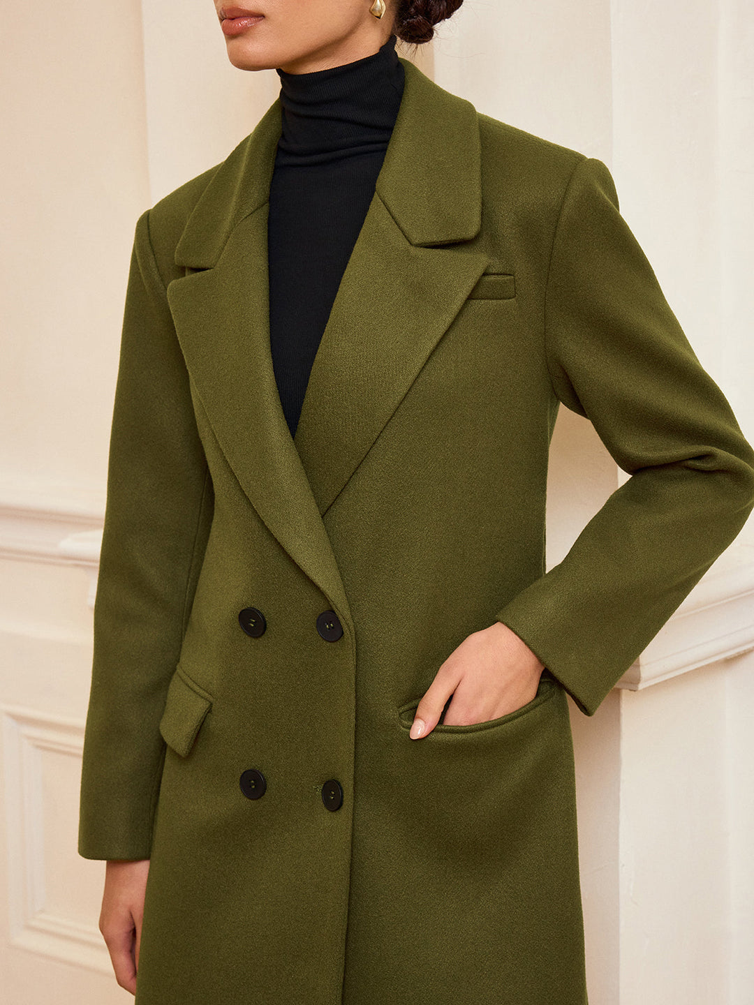 Womens Double-Breasted Long Coat with Belt Classic Fit