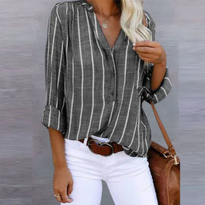 Womens V-Neck Button-Front Shirt Long Sleeve Relaxed Fit