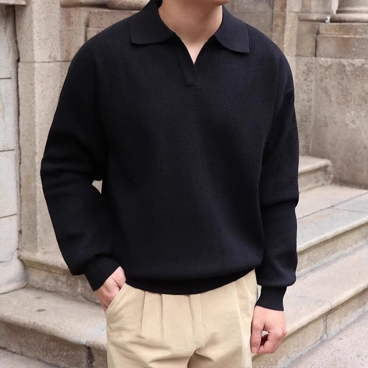 Mens Polo Sweater Breathable Classic Comfortable Long Sleeve