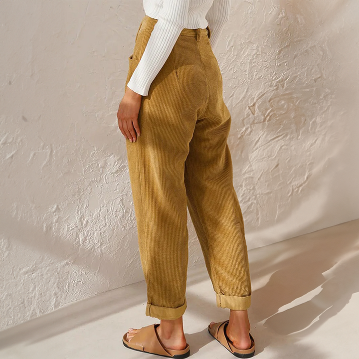 Womens High Waist Corduroy Trousers Pleated Fit
