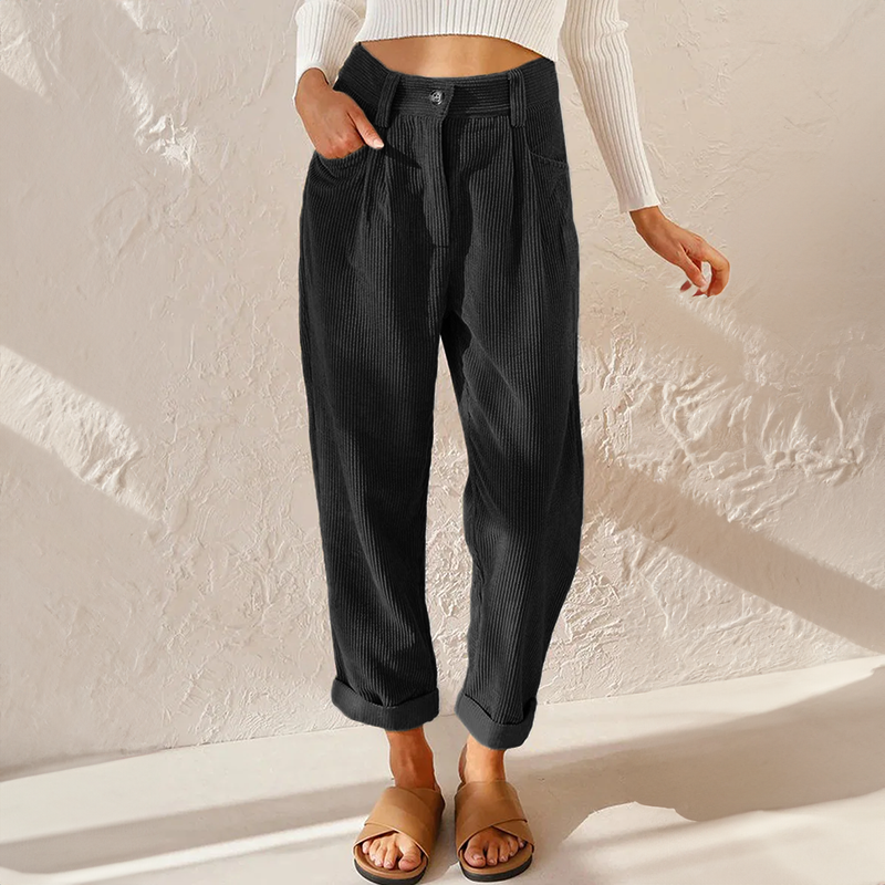 Womens High Waist Corduroy Trousers Pleated Fit