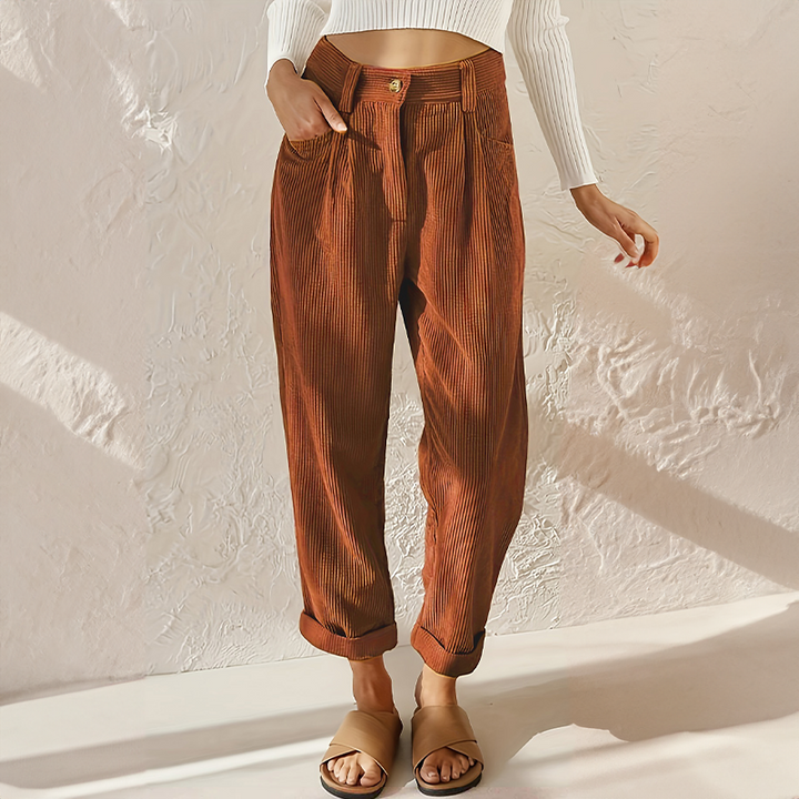 Womens High Waist Corduroy Trousers Pleated Fit
