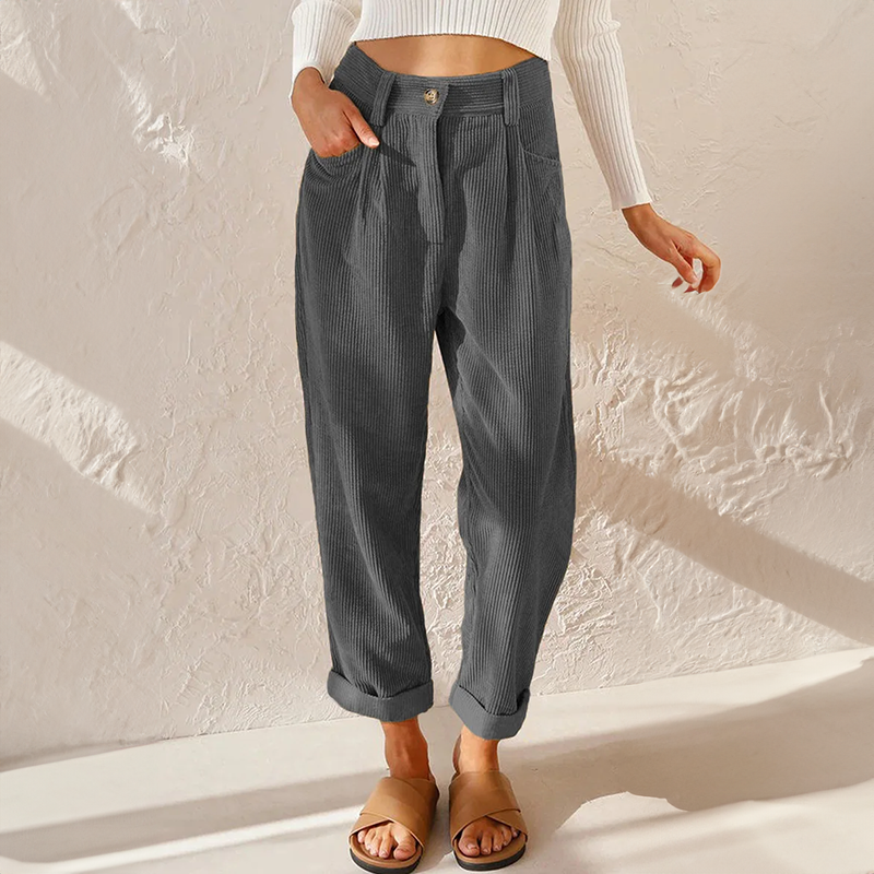 Womens High Waist Corduroy Trousers Pleated Fit