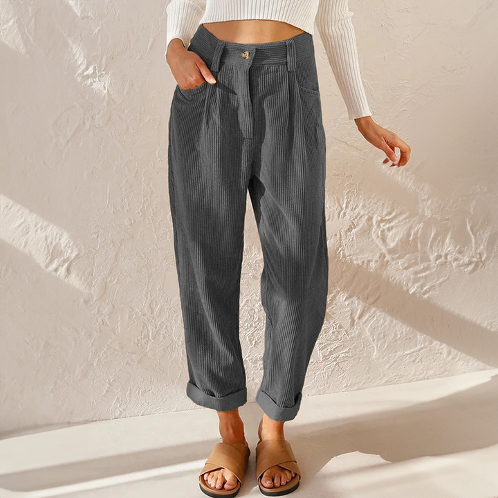 Womens High Waist Corduroy Trousers Pleated Fit