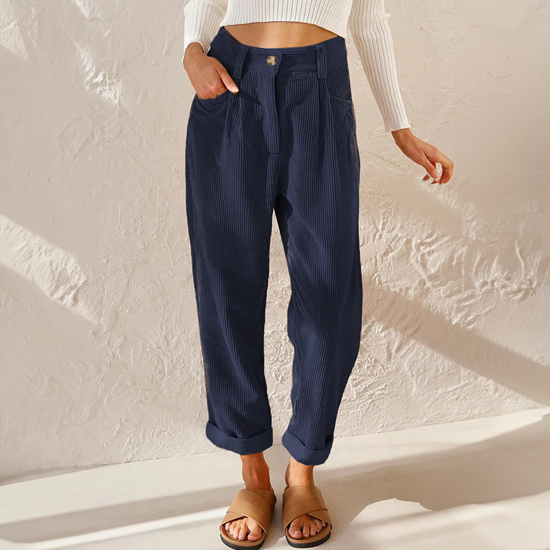 Womens High Waist Corduroy Trousers Pleated Fit