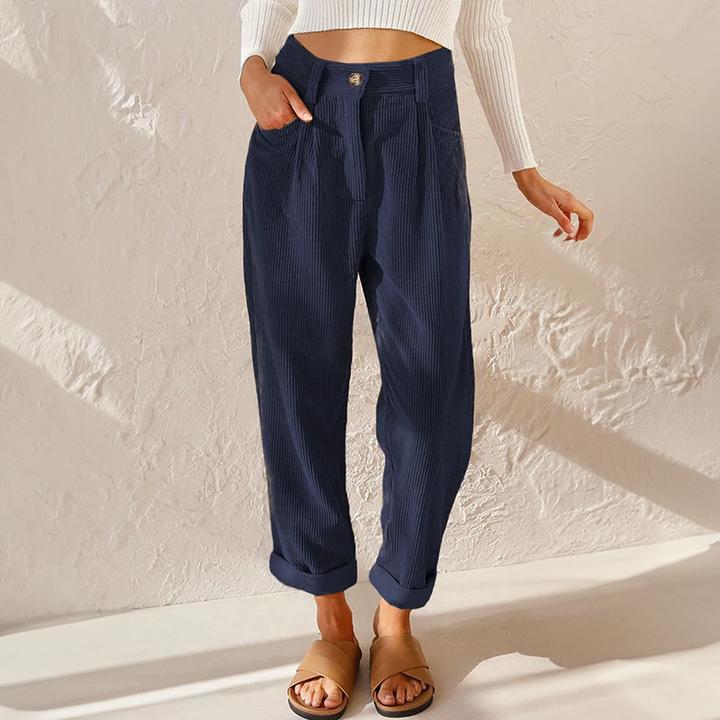 Womens High Waist Corduroy Trousers Pleated Fit