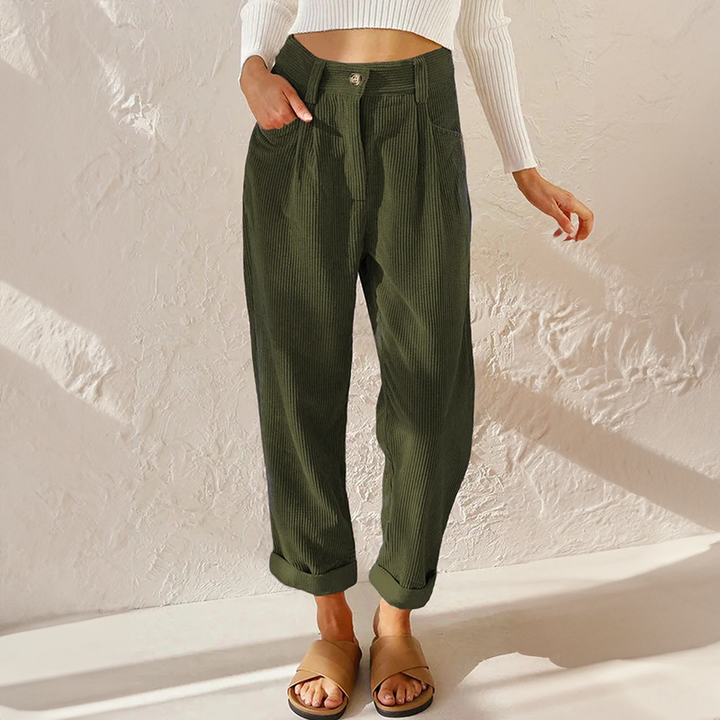 Womens High Waist Corduroy Trousers Pleated Fit