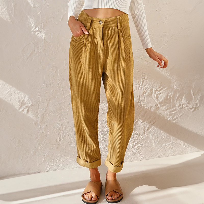 Womens High Waist Corduroy Trousers Pleated Fit - BritishMode