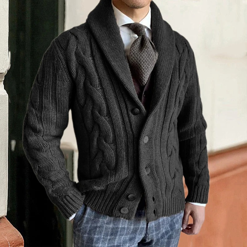 Mens Cable Knit Cardigan with Shawl Collar and Button Closure