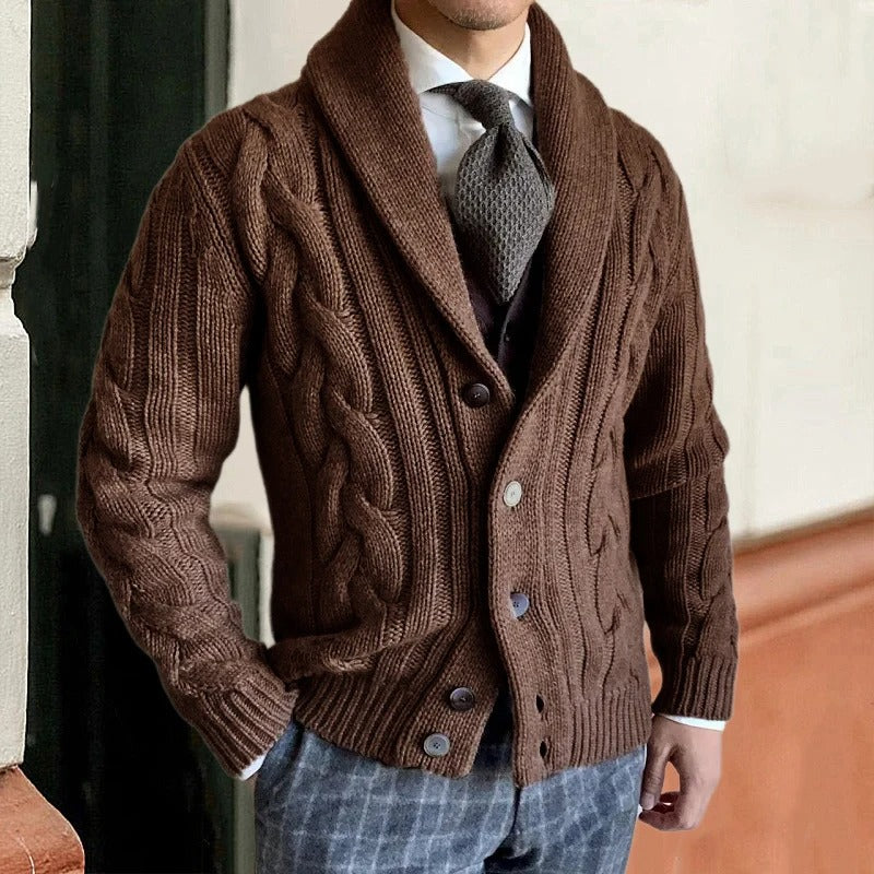 Mens Cable Knit Cardigan with Shawl Collar and Button Closure
