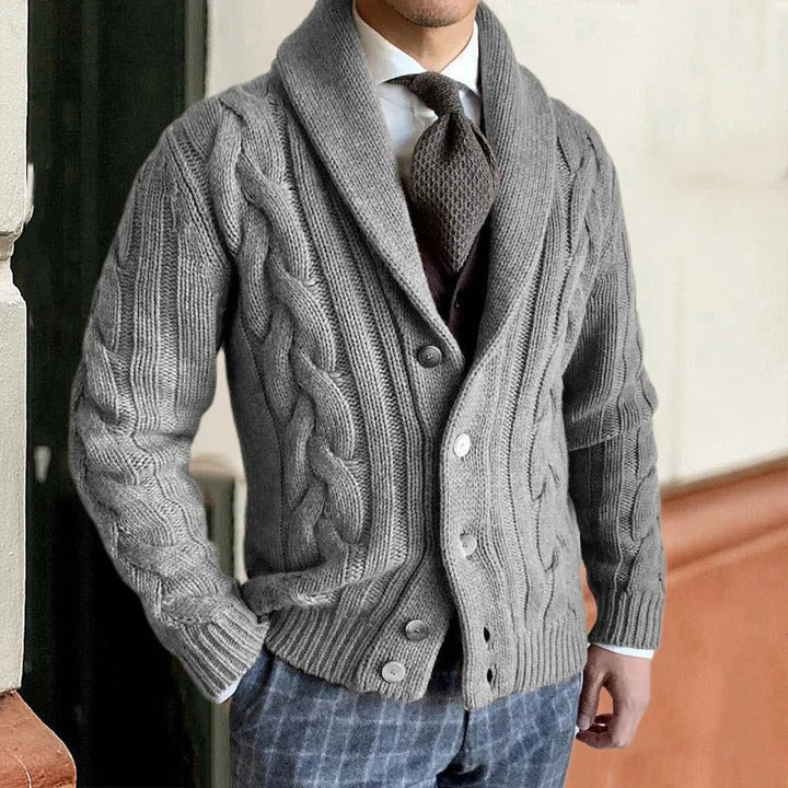Mens Cable Knit Cardigan with Shawl Collar and Button Closure