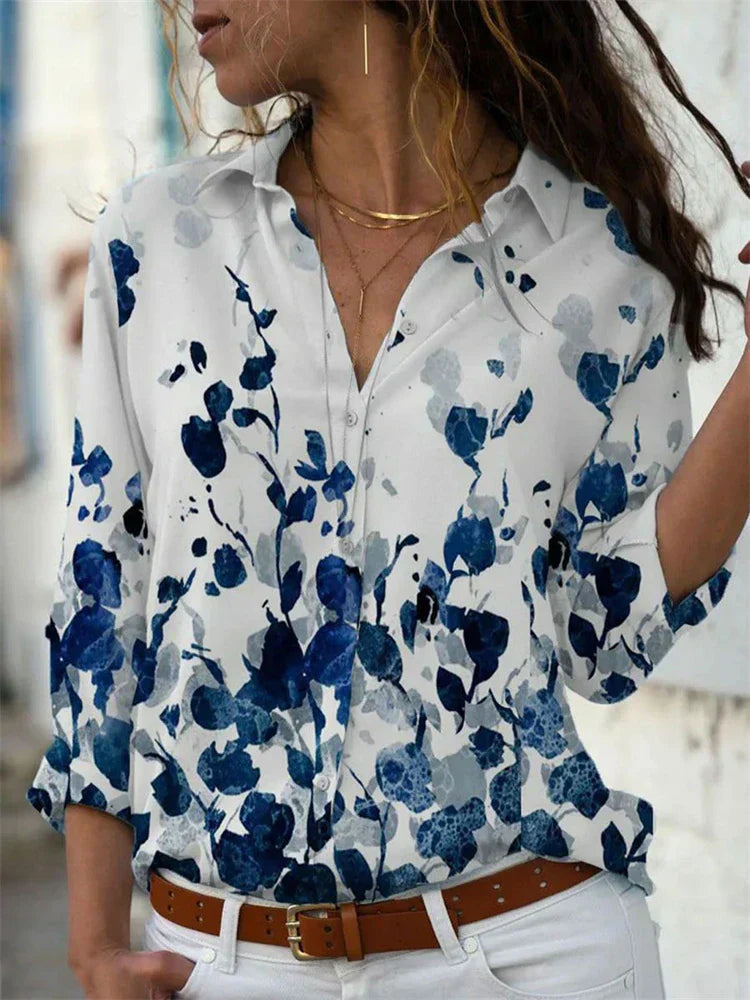 Womens Button-Down Blouse with Long Sleeve Floral Print - BritishMode