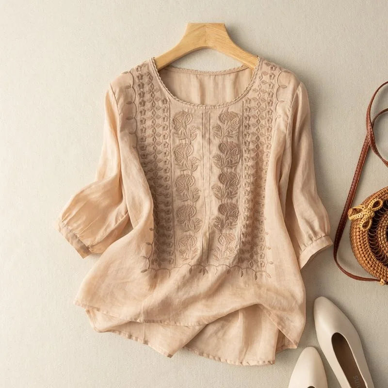 Womens Linen Blouse with Floral Embroidery Round Neck Three-Quarter - BritishMode