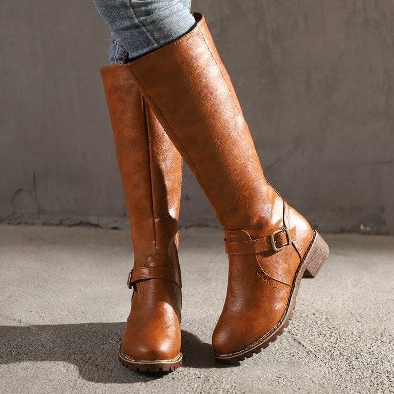 Womens Knee High Boots Classic Buckle Leather - BritishMode