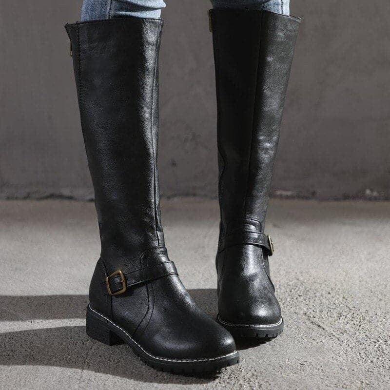Womens Knee High Boots Classic Buckle Leather