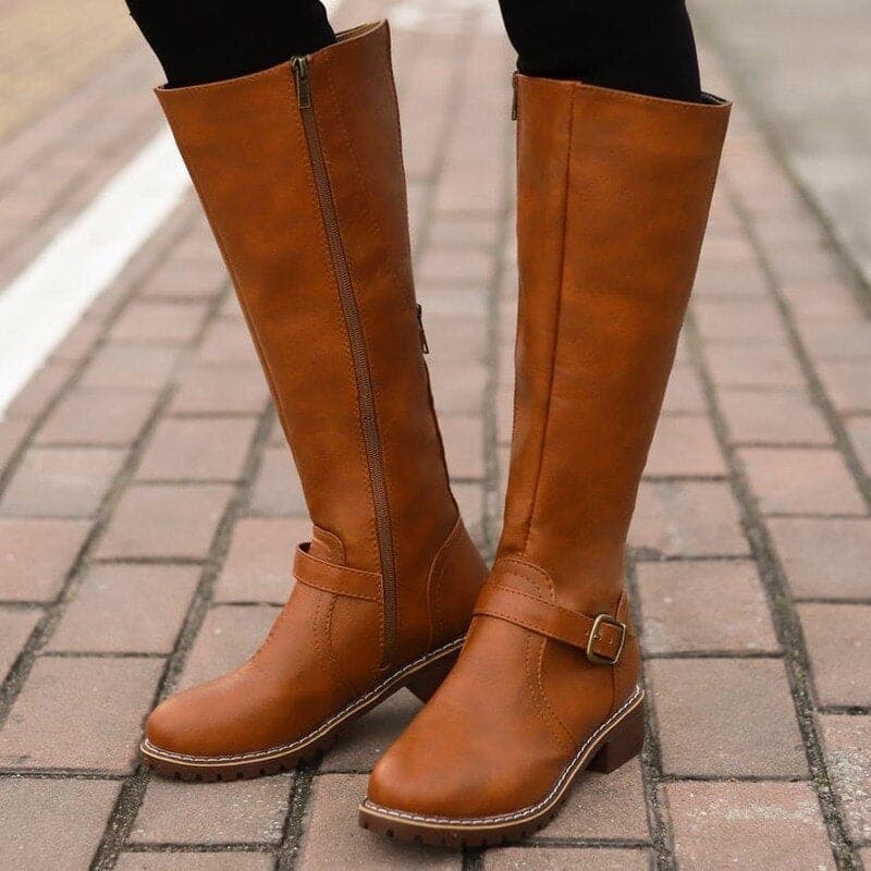 Womens Knee High Boots Classic Buckle Leather