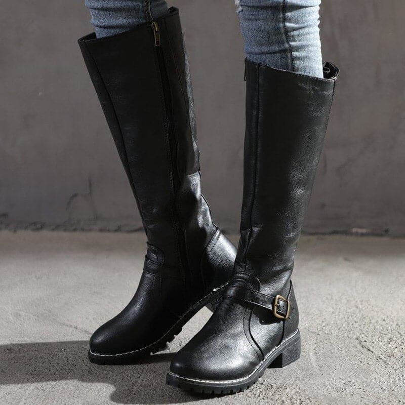 Womens Knee High Boots Classic Buckle Leather